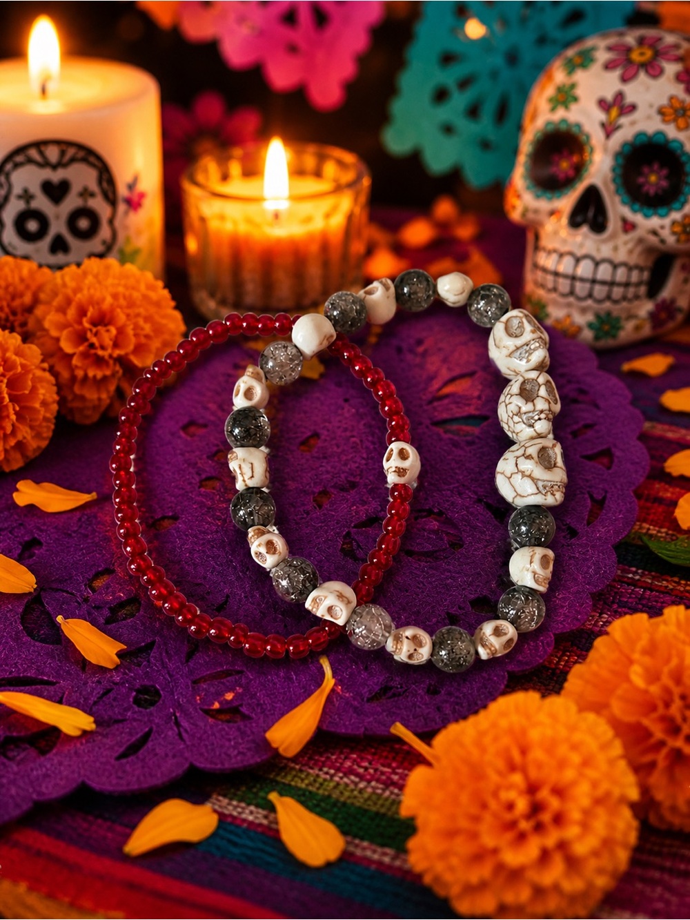 Día de los Muertos Red Skull Bead Bracelet 9”